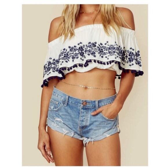 NWT Show Me Your Mumu Teagan Pom Pom Crop Top - Navy Embroidery - Medium - Picture 9 of 11
